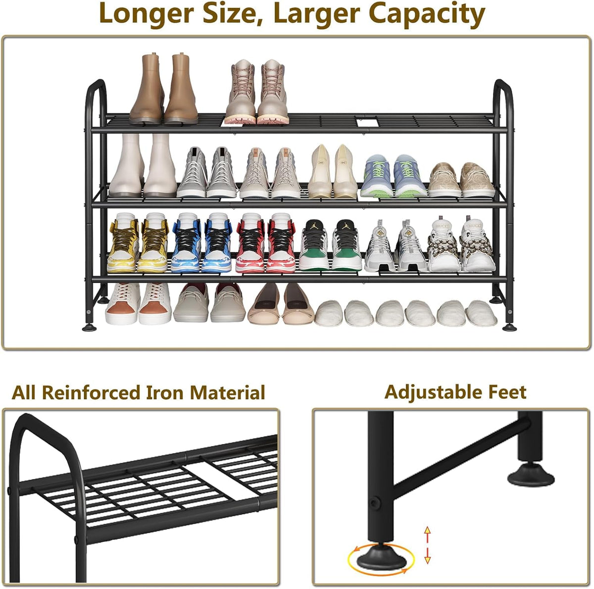 LINZINAR 3 Tier Long Shoe Rack for Closet Metal Shoe Organizer for Entryway