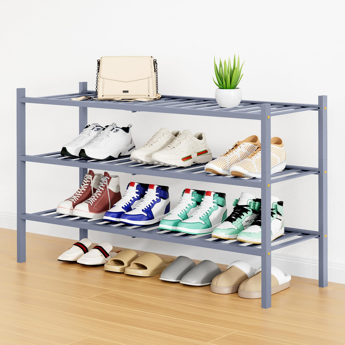 Smiry Bamboo Shoe Rack, 12 Vertical Slats, 3 Tier - 26.8" Wide, Natural