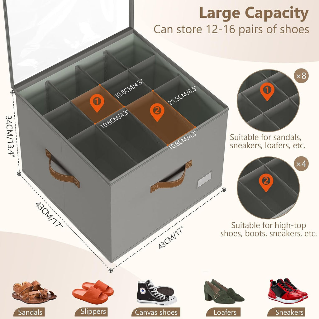 Vincona Shoe Organizer for Closet, 2 Pack Foldable Shoe Storage Bins with Clear Cover & Handles, 16-Compartment Shoe Box for Sneakers, Heels, Boots, Space-Saving Shoe Rack for Entryway, Dorm, RV