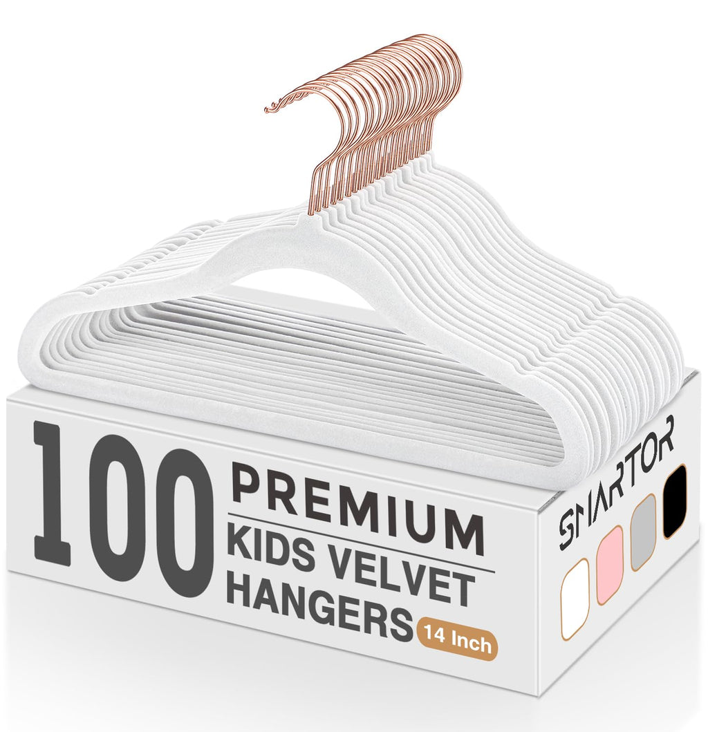 Smartor Kids Velvet Hangers 50 Pack, 14 Inch Premium Non Slip Kids Felt Hangers for Closet, Space Saving Toddler Clothes Hanger for Youth's Childrens' Clothes (Rose Gold Hook)- White