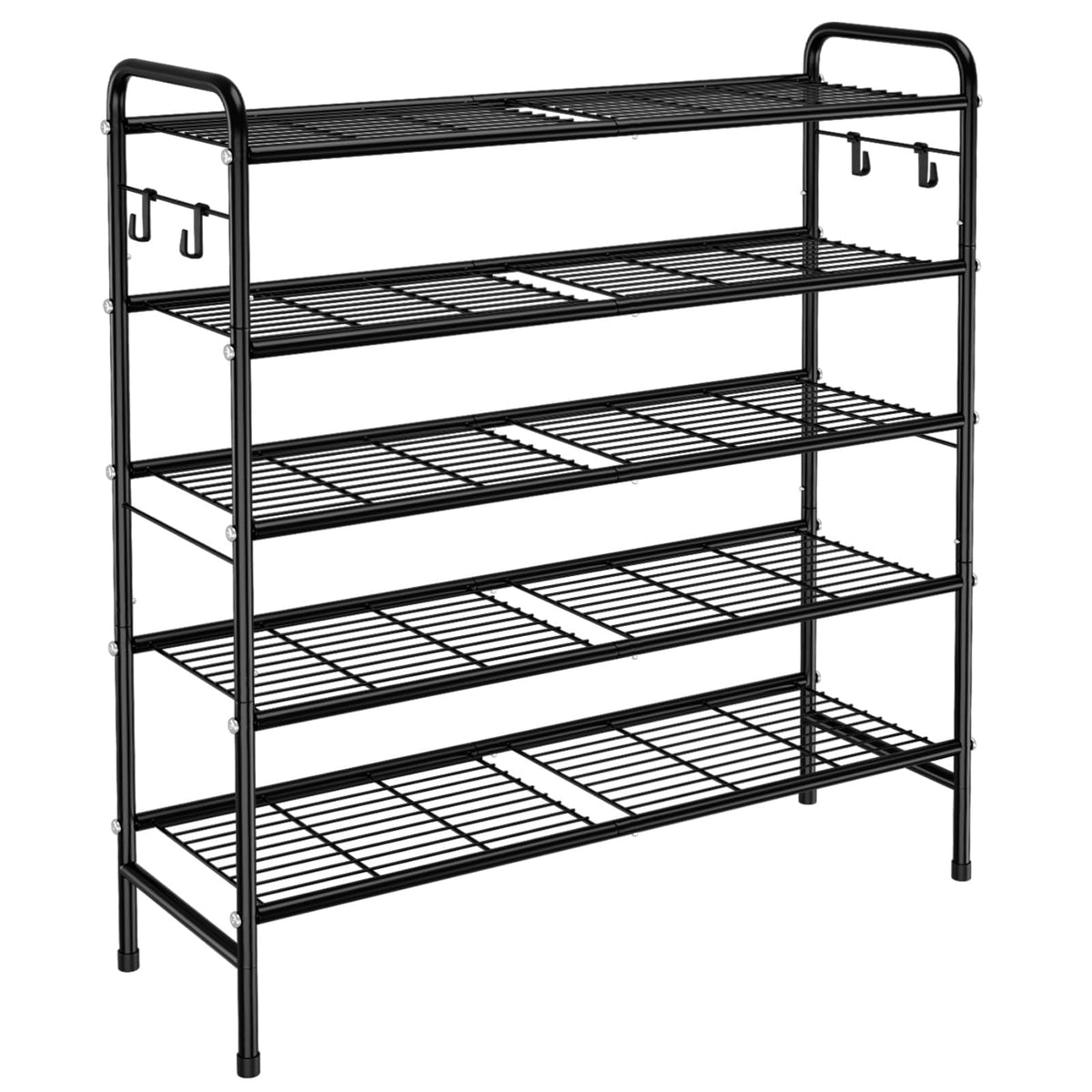 VILICK 4-Tier Shoe Rack 33" Wide Metal Shoe Organizer Long Shoe Storage with 4 Side Hooks Sturdy Shoes Shelf for Closet, Front Door Entrance, Garage, Dorm, Black