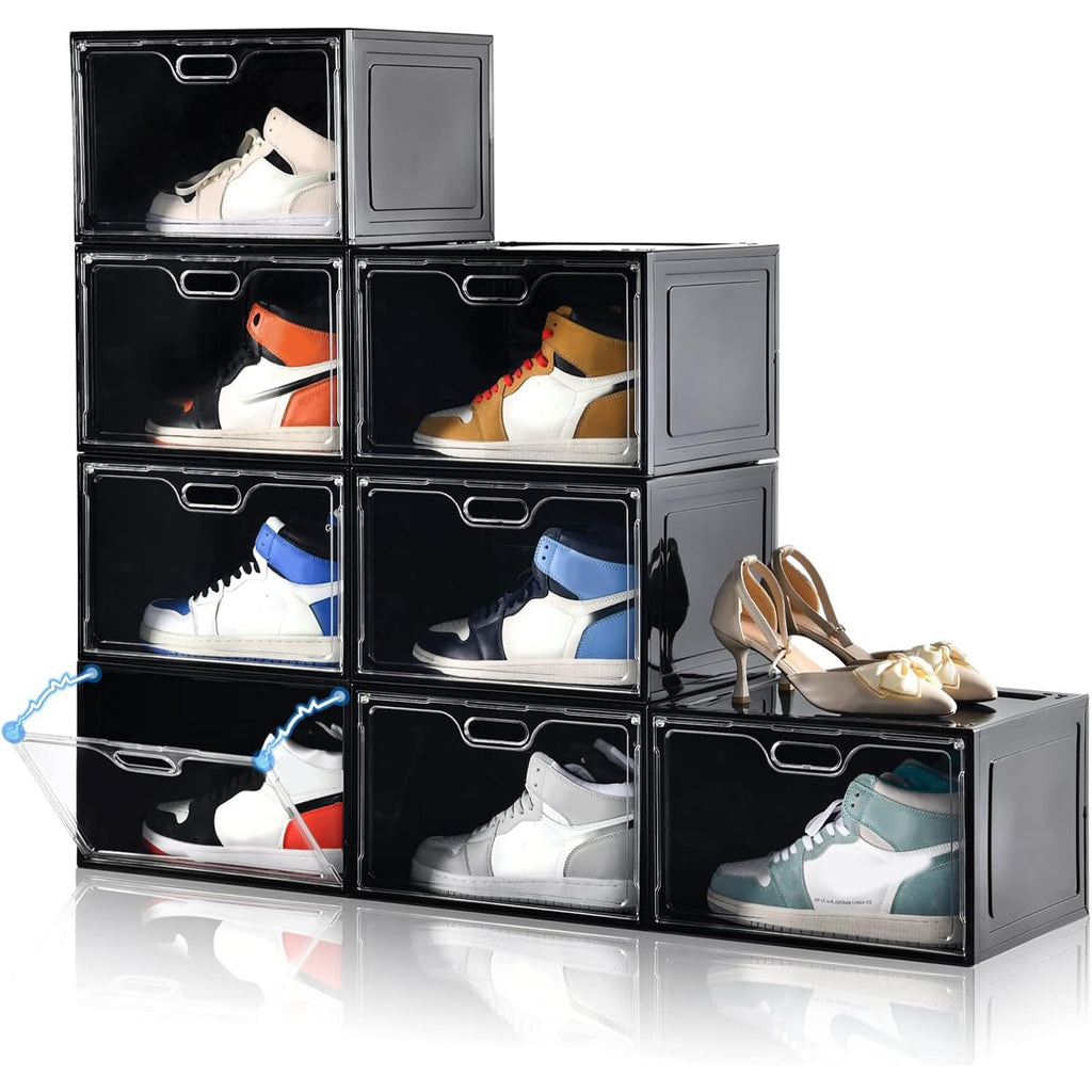 Amllas 8 Pack Shoe Boxes Clear Plastic Stackable, Large Shoe Storage Organizer with Lids,Drop Side Shoe Containers for Entryway,Sneaker Storage Fit up to US Size 13 (13’’x 10.6”x 8.3”)