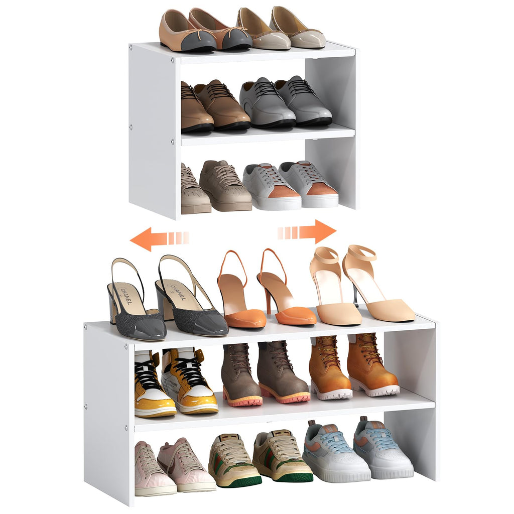 2 Pack Expandable White Shoe Rack Organizer for Closet, 2-Tier Stackable Shoe Storage Shelf, Small Iron Wood Combination Shoe Shelves for Closets,Entryway,Front Door, Narrow Space,Hallway,15-24 Pairs