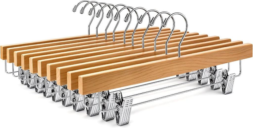 ZOBER Wooden Pants Hangers with Clips, Clothes Hangers, Natural, 10 Pack