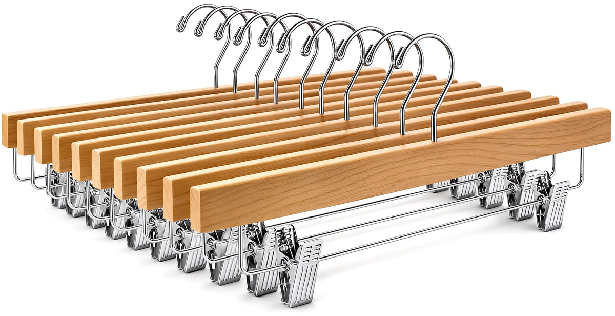 ZOBER Wooden Pants Hangers with Clips, Clothes Hangers, Natural, 10 Pack