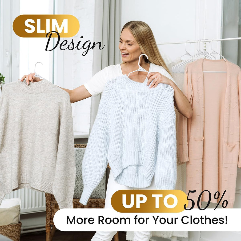 Our Modern Space 100 Pack Adult Plastic Hanger for Shirt Pants Coats Dresses Skirts Suits Jackets - Standard Thick Coat Hanger - Sturdy & Durable Design with Shoulder Grooves Hook - White