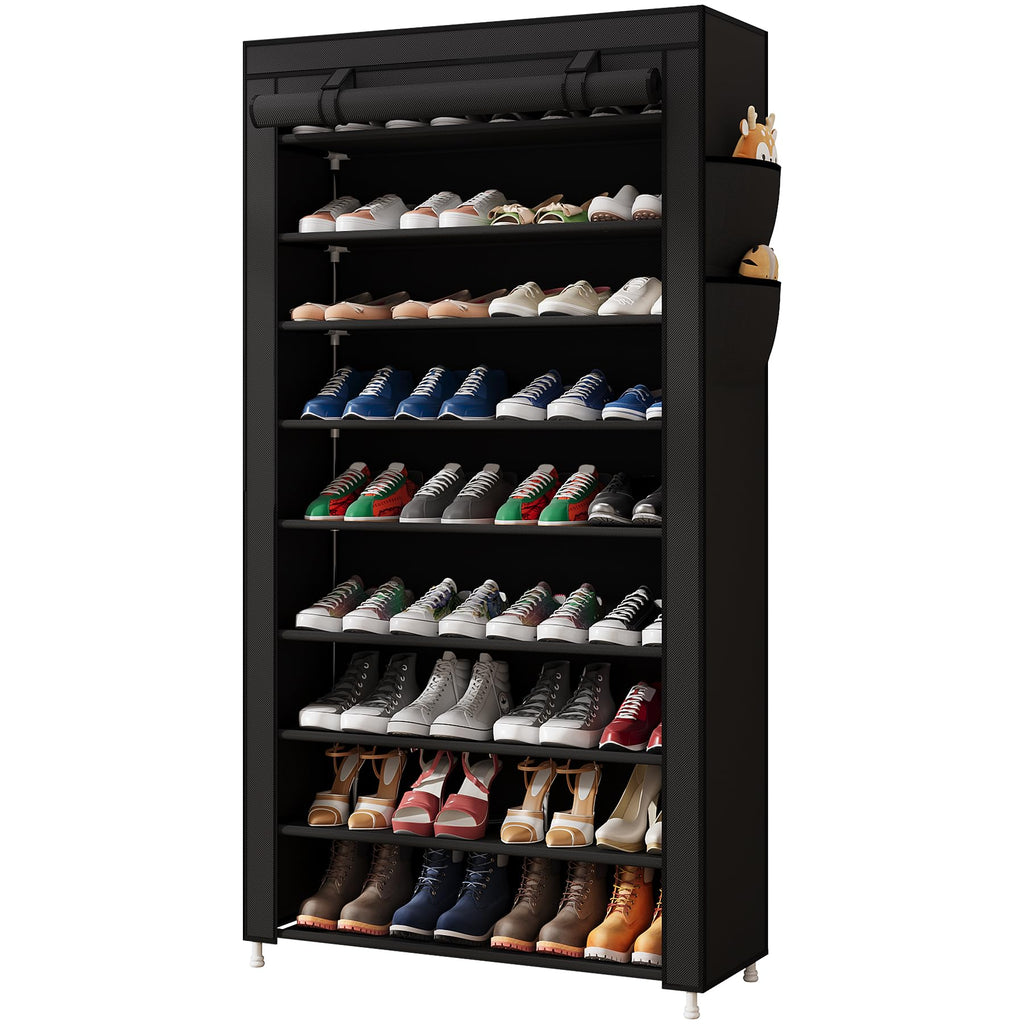 Laiensia 9-Tier Vertical Shoe Rack Organizer, Space Saving Shoe Storage Organizer, Non-Woven Cover Shoe Shelf Holds 36-45 Pairs for Bedroom, Hallway, Closet Entryway, Black