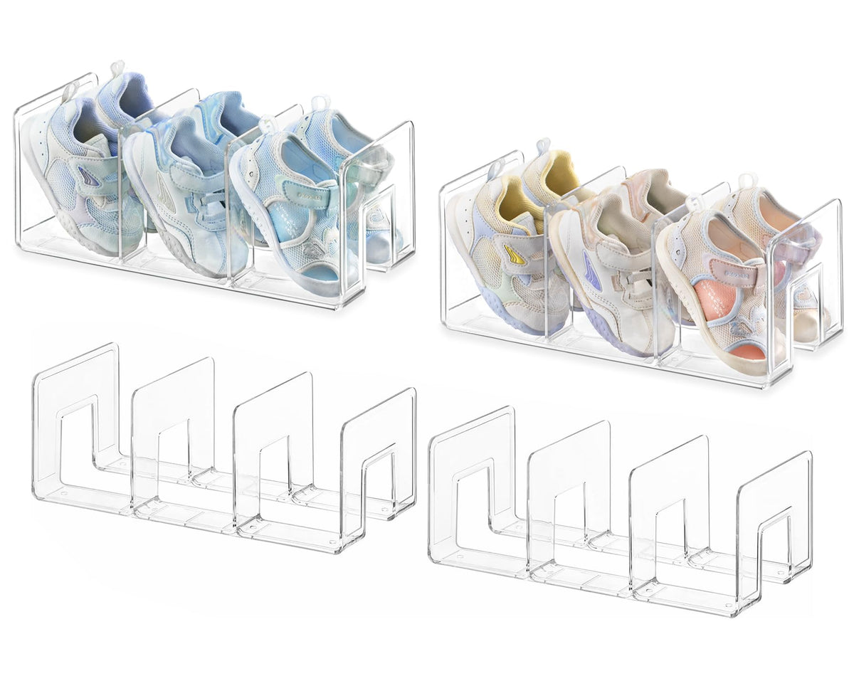 HBlife Clear Acrylic Kids Shoe Rack for Closet Organizers and Storage, Small Shoe Rack 4 Sections Toddler Baby Shoe Storage Organizer Stackable Shoe Shelf,Desk File Sorter Book Purse Organizer(2 Pack)