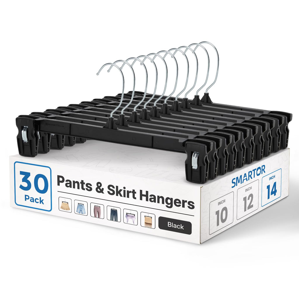 Smartor Black Pants Hangers 30 Pack, Skirt Hangers with Clips, 12 Inch