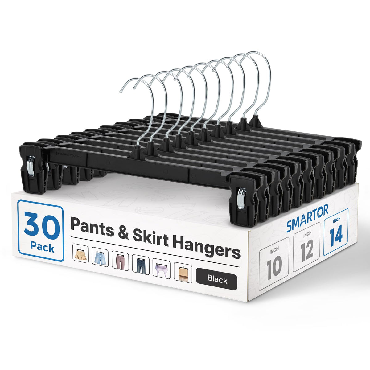 Smartor Black Pants Hangers 30 Pack, Skirt Hangers with Clips, 12 Inch