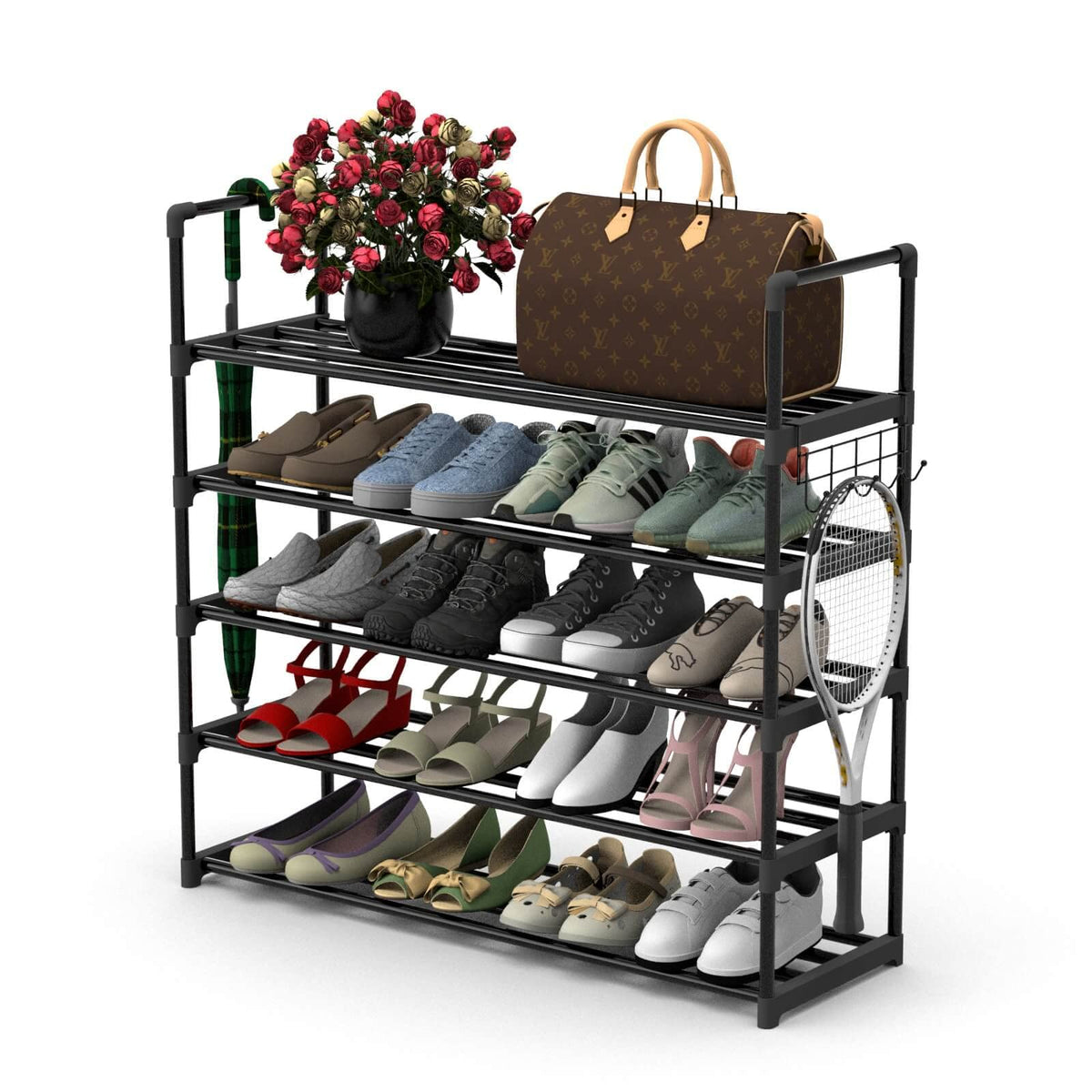 Hsscblet 6 Tiers Metal Shoe Rack,Adjustable Shoe Shelf Storage Organizer with Hooks,Stackable Boot & Shoe Storage,for Entryway,Hallway,Closet,Black