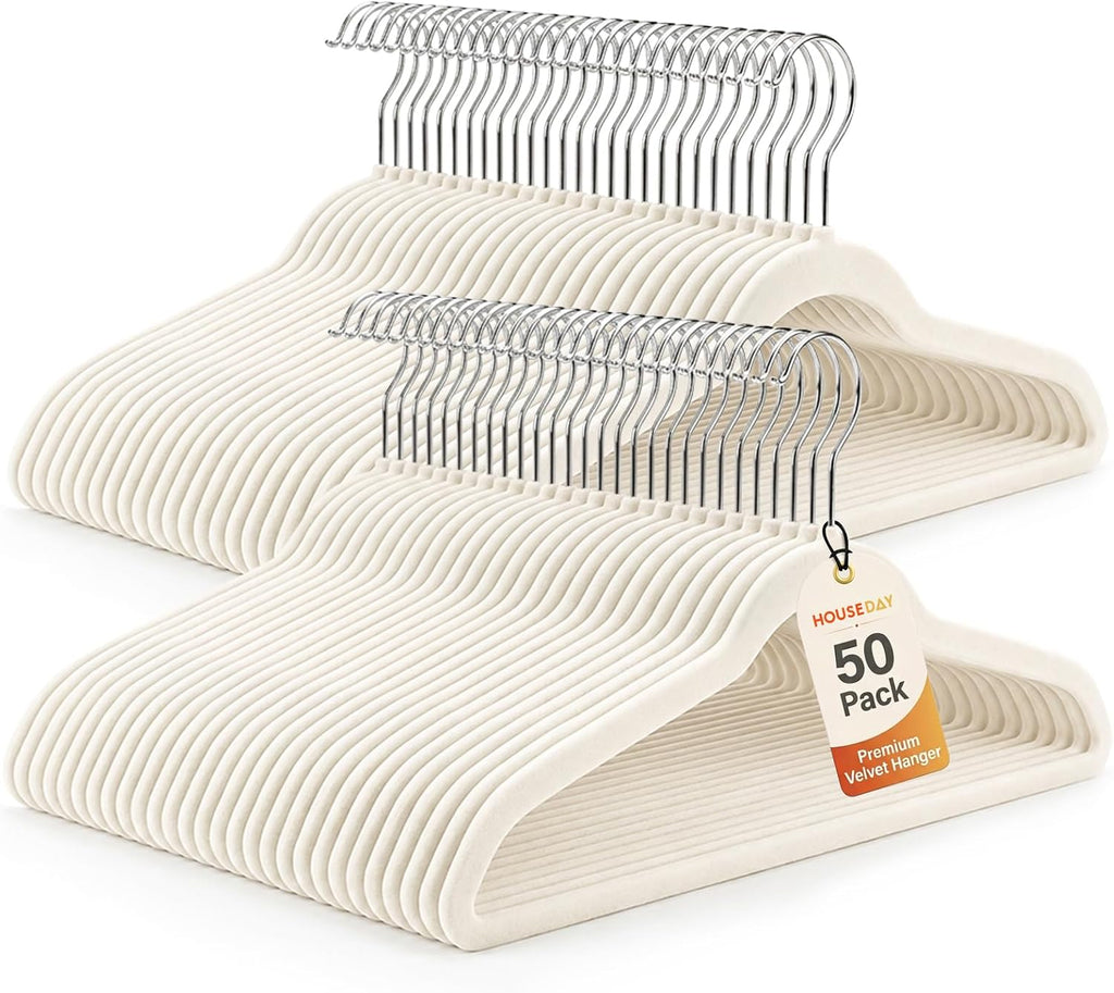 HOUSE DAY Ivory Velvet Hangers 50 Pack - Non Slip Felt Hangers, No Wrinkles