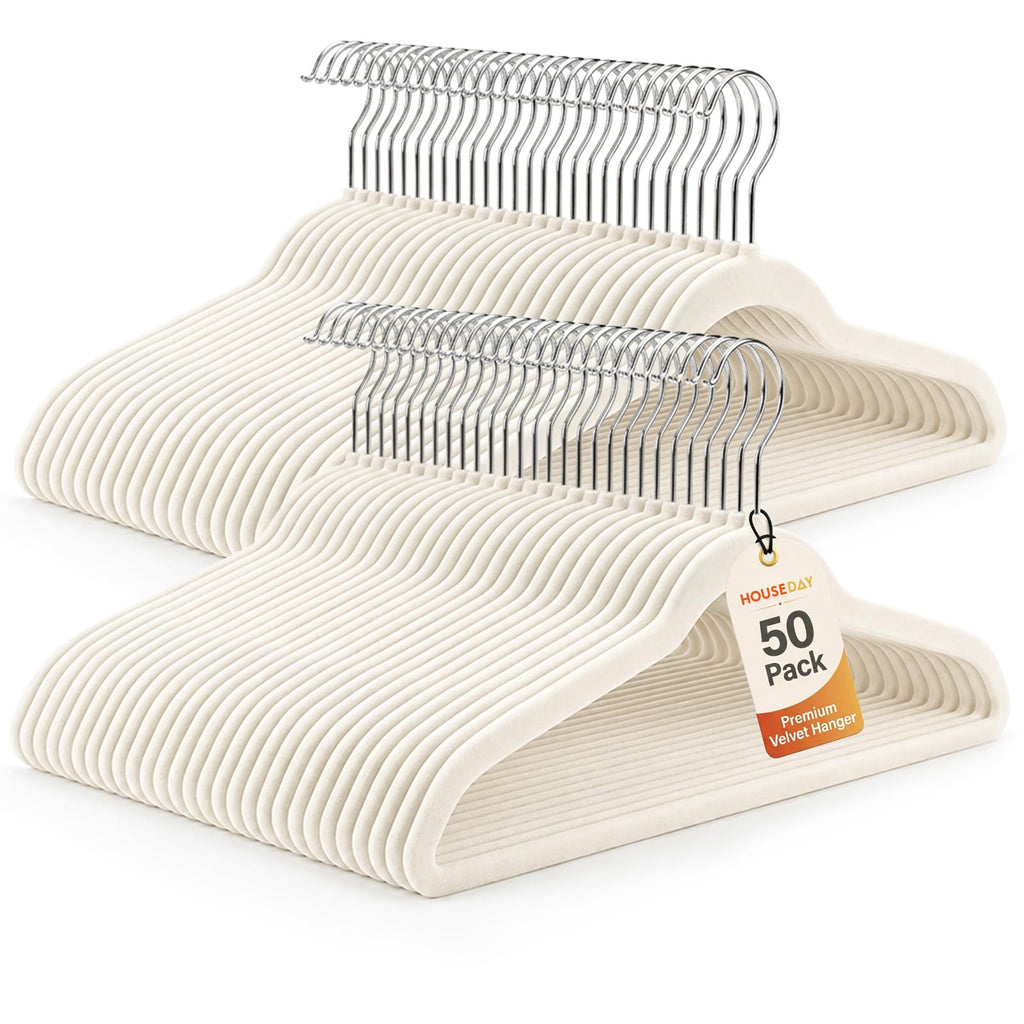 HOUSE DAY Ivory Velvet Hangers 50 Pack - Non Slip Felt Hangers, No Wrinkles