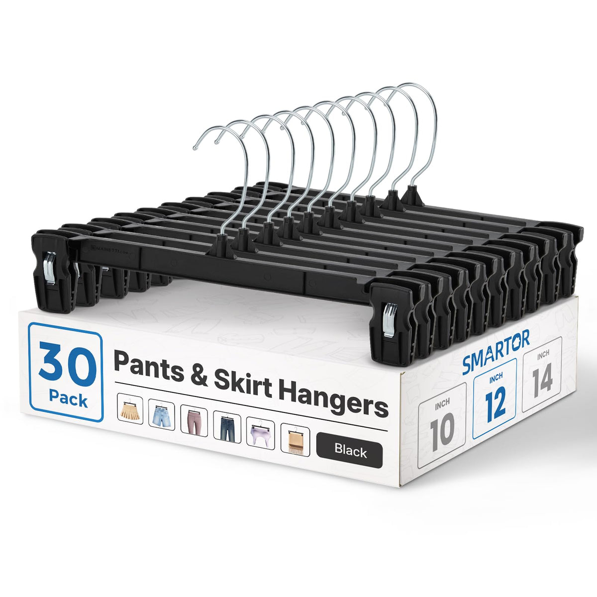 Smartor Black Pants Hangers 30 Pack, Skirt Hangers with Clips, 12 Inch