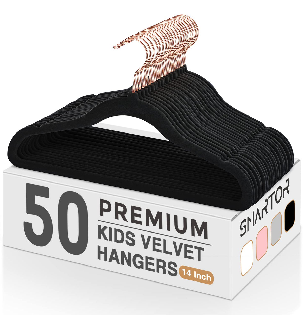 Smartor Kids Velvet Hangers 50 Pack, 14 Inch Premium Non Slip Kids Felt Hangers for Closet, Space Saving Toddler Clothes Hanger for Youth's Childrens' Clothes (Rose Gold Hook)- White