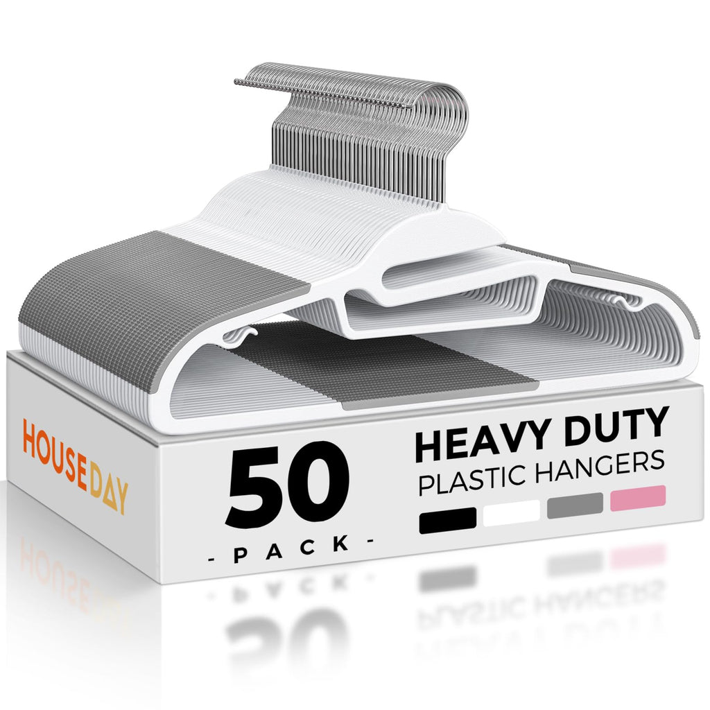 HOUSE DAY Grey Plastic Hangers 50 Pack, Slim Space Saving, Non Slip Hangers with Rubber Pads, Sturdy Heavy Duty Coat Hanger for Closet, S-Shaped Clothes Hanger for Shirt, Suit, Pant, Skirt