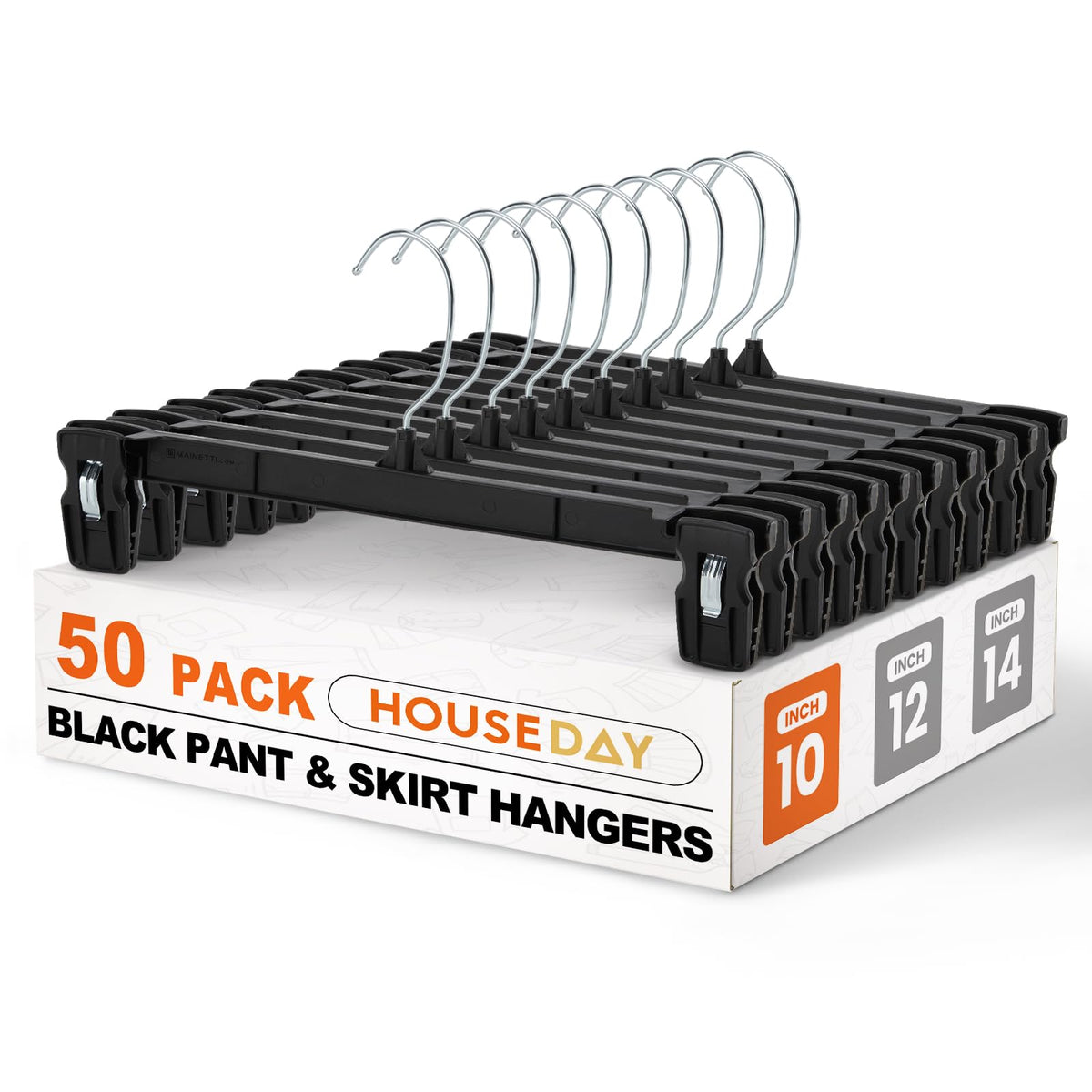 HOUSE DAY Black Pants Hangers with Clips 50 Pack, 12 Inch Skirt Hangers