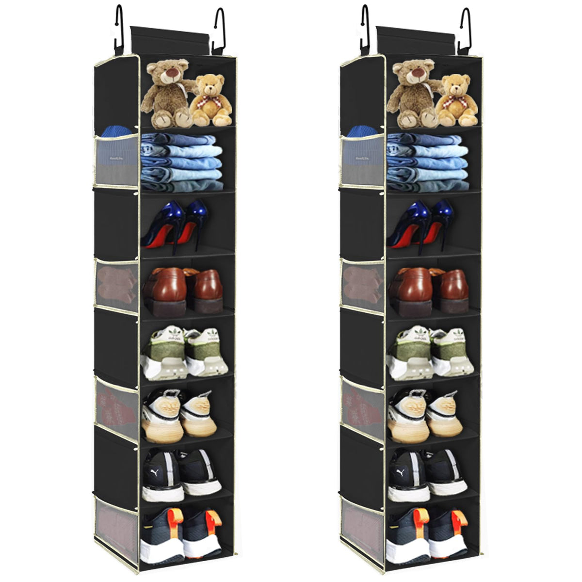Large-Sized Hanging Shoe Organizer 8-Shelf, Hanging Closet Organizer with 8 Side Pockets, Wider Hanging Shelves for Storage Shoes Clothes 9" W × 11.8" D× 48" H, Grey