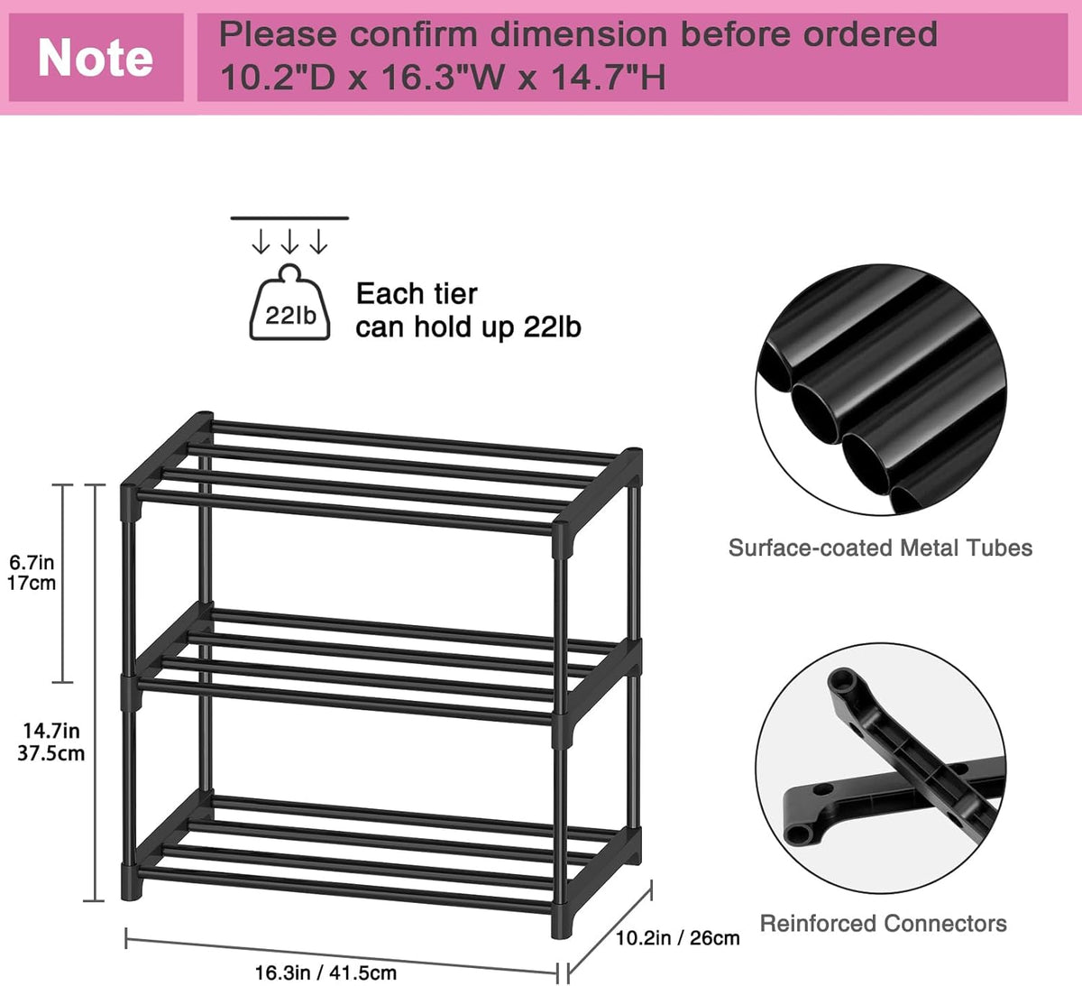 Autonomier 3 Tier Extra Small Shoe Rack (16.3" Wide), Lightweight Shelf