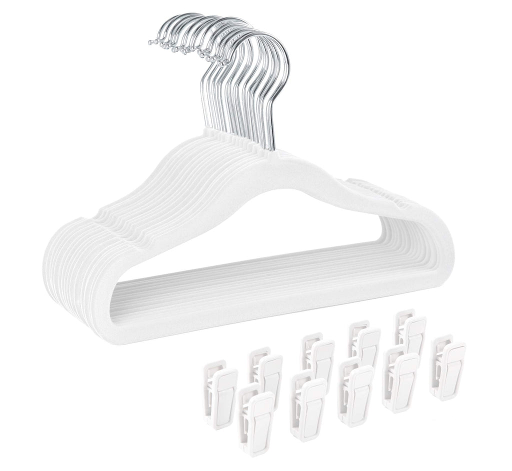 Finnhomy Non-Slip Clothes Hanger for Baby and Kids 30-Pack Velvet Hangers with 10 Finger Clips,Beige