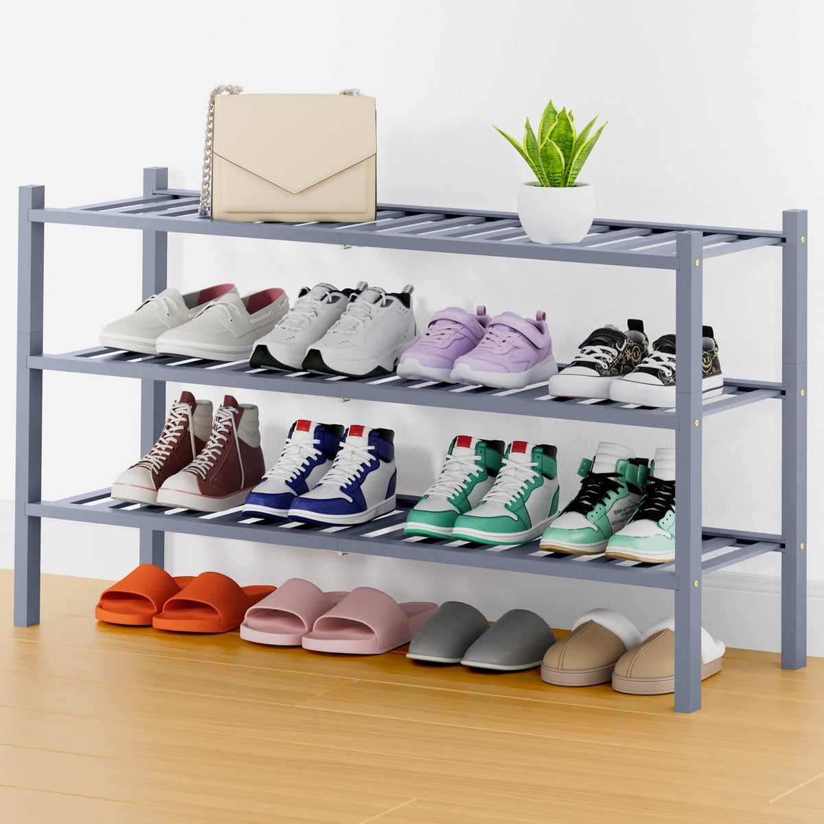 Smiry Bamboo Shoe Rack, 12 Vertical Slats, 3 Tier - 26.8" Wide, Natural