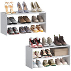 2 Pack Expandable White Shoe Rack Organizer for Closet, 2-Tier Stackable Shoe Storage Shelf, Small Iron Wood Combination Shoe Shelves for Closets,Entryway,Front Door, Narrow Space,Hallway,15-24 Pairs