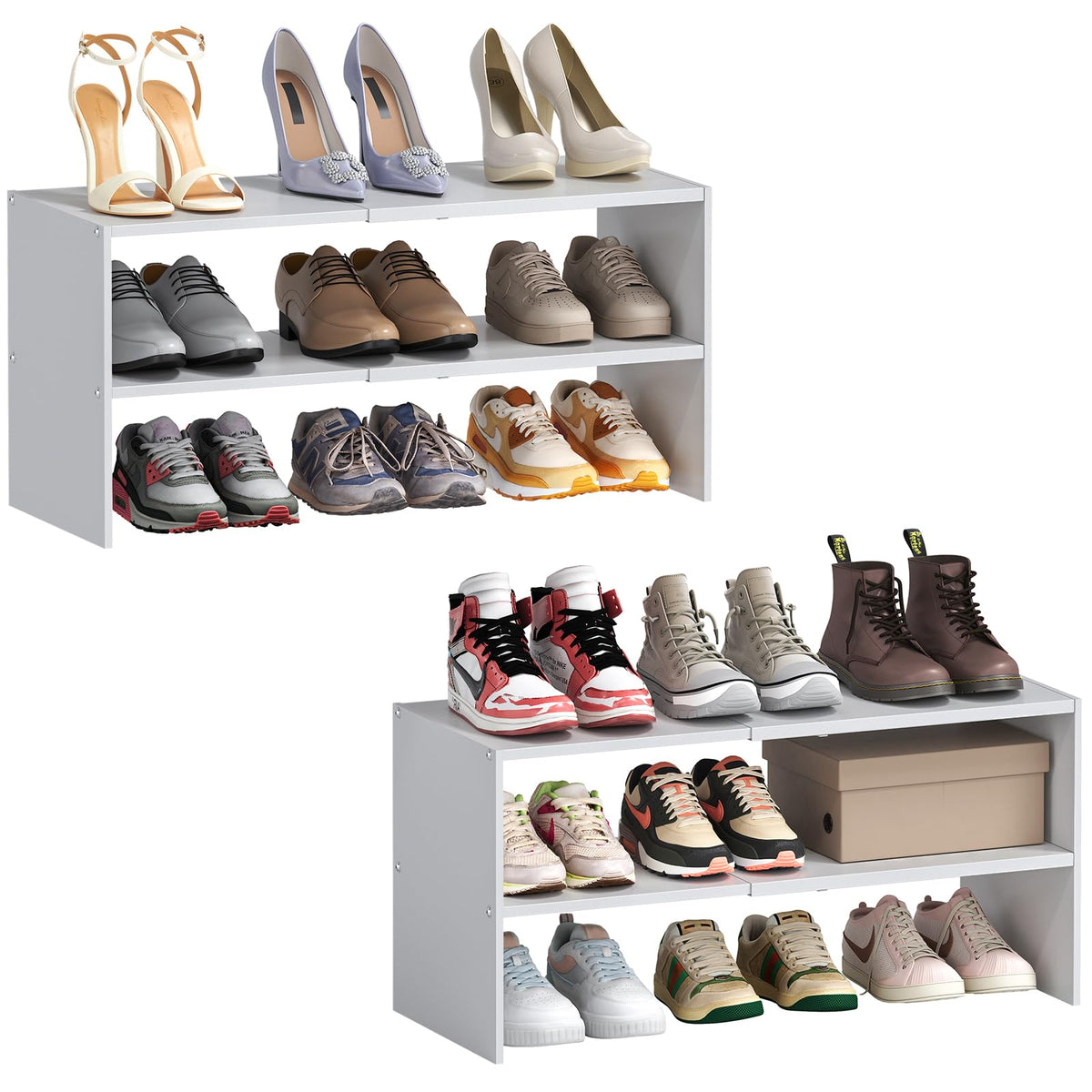 2 Pack Expandable White Shoe Rack Organizer for Closet, 2-Tier Stackable Shoe Storage Shelf, Small Iron Wood Combination Shoe Shelves for Closets,Entryway,Front Door, Narrow Space,Hallway,15-24 Pairs
