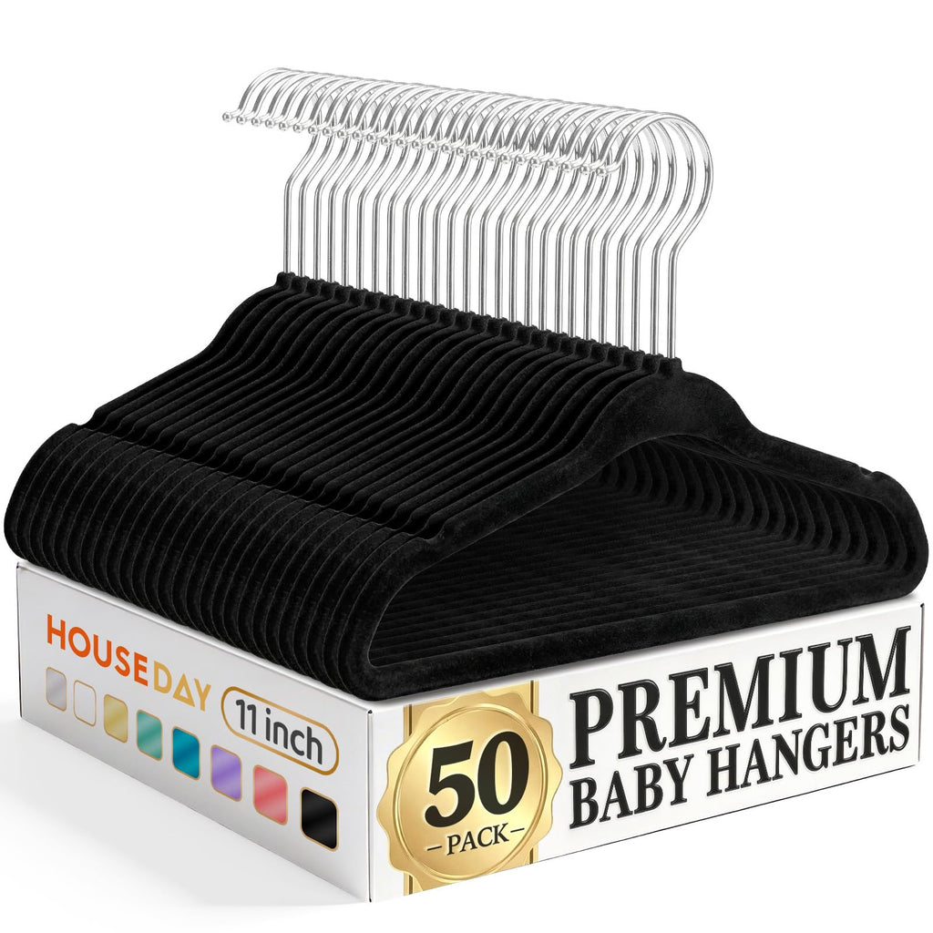 HOUSE DAY 14 Inch Kids Velvet Hangers 50 Pack, Durable Big Kid Hanger Black