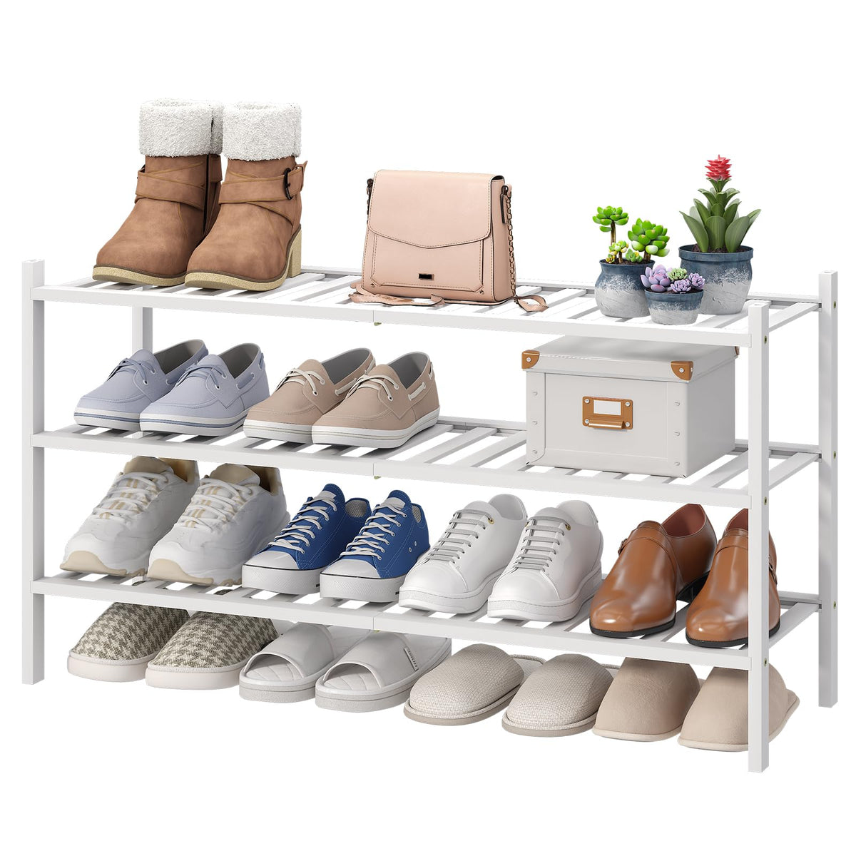 viewcare 3-Tier Black Bamboo Shoe Rack for Entryway, Stackable | Foldable | Natural, Shoe Shelf Storage Organizer for Hallway Closet, Free Standing Shoe Racks for Indoor Outdoor