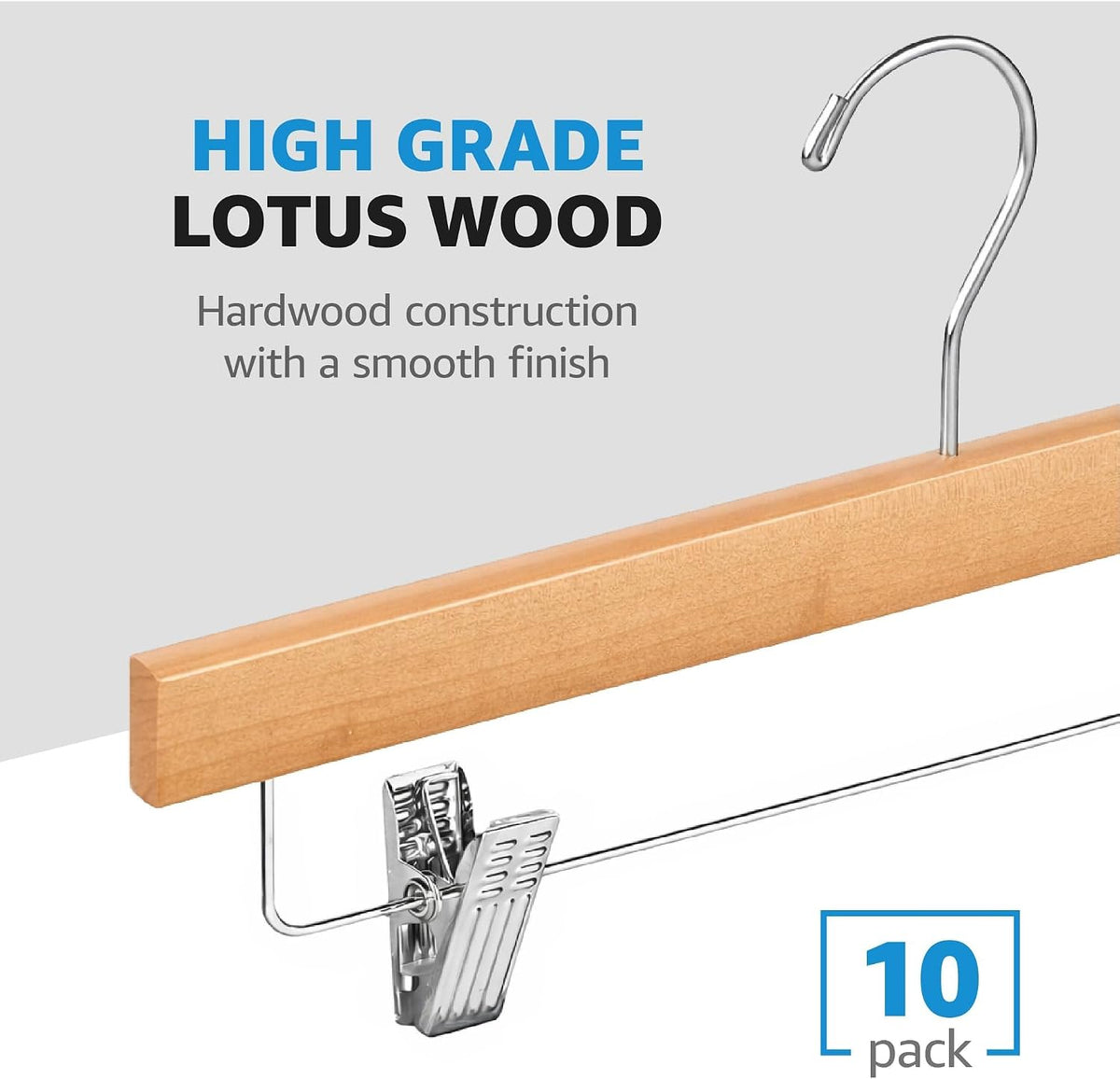 ZOBER Wooden Pants Hangers with Clips, Clothes Hangers, Natural, 10 Pack