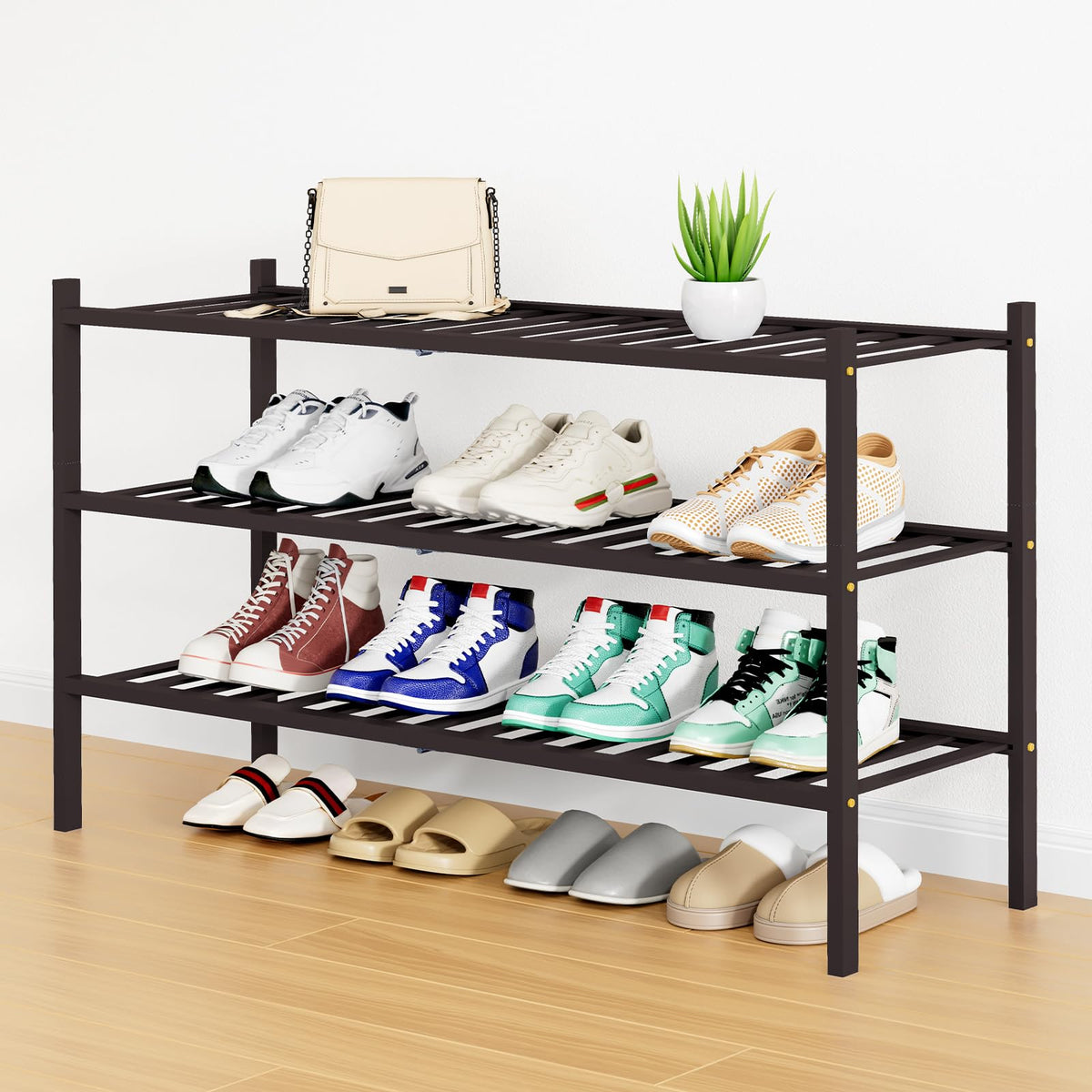 Smiry Bamboo Shoe Rack, 12 Vertical Slats, 3 Tier - 26.8" Wide, Natural