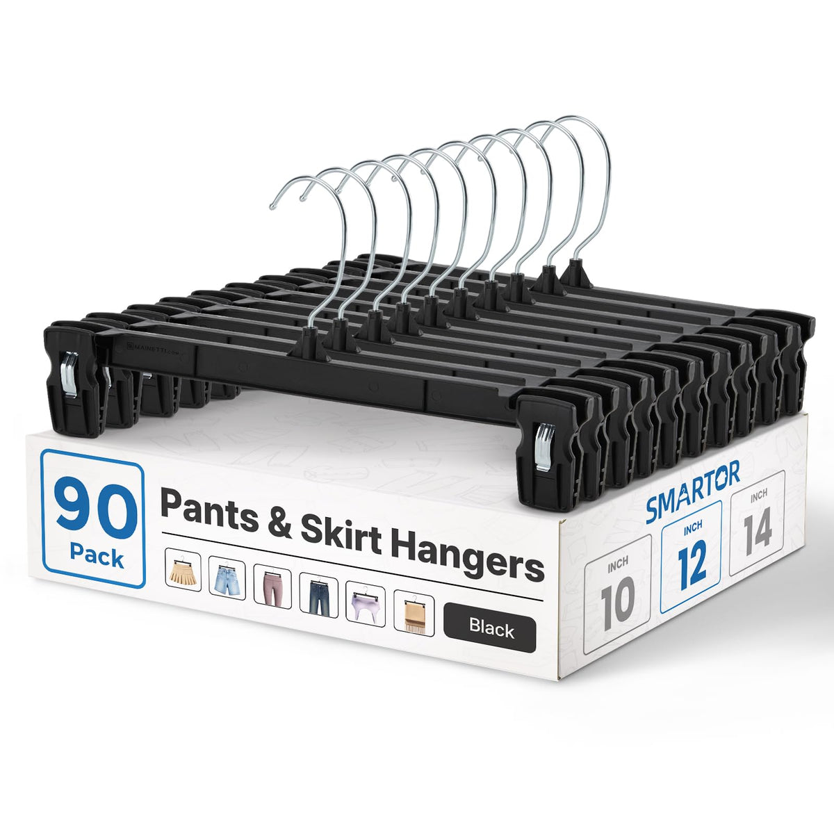 Smartor Black Pants Hangers 30 Pack, Skirt Hangers with Clips, 12 Inch