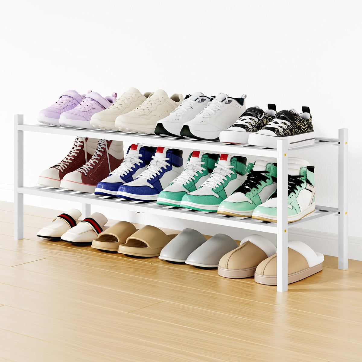 Smiry Bamboo Shoe Rack, 12 Vertical Slats, 3 Tier - 26.8" Wide, Natural