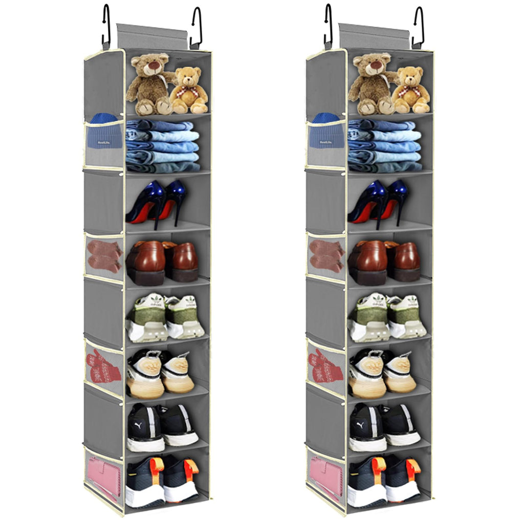 Large-Sized Hanging Shoe Organizer 8-Shelf, Hanging Closet Organizer with 8 Side Pockets, Wider Hanging Shelves for Storage Shoes Clothes 9" W × 11.8" D× 48" H, Grey