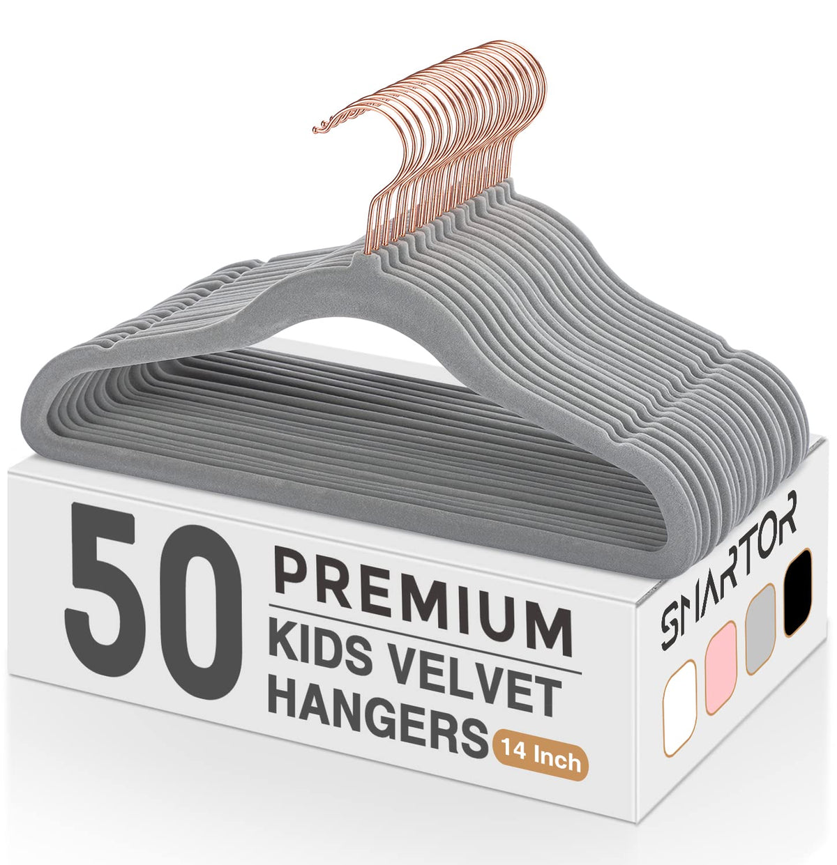 Smartor Kids Velvet Hangers 50 Pack, 14 Inch Premium Non Slip Kids Felt Hangers for Closet, Space Saving Toddler Clothes Hanger for Youth's Childrens' Clothes (Rose Gold Hook)- White