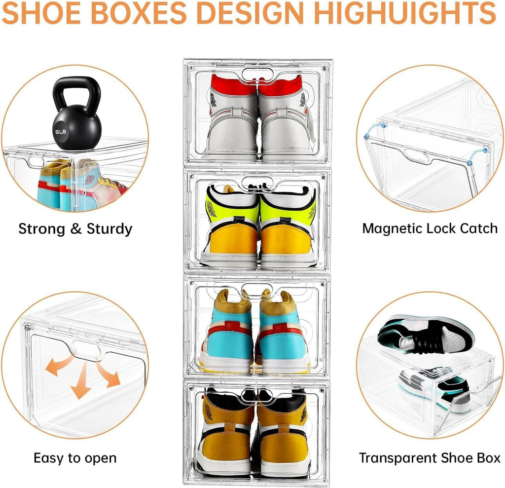 INSTY 12 Pack Large Shoe Storage Box, Clear Shoe Storage Organizer with Magnetic Door, Stackable,Shoe Containers For Display Sneakers, Easy Assembly, Fit up to US Size 12, Clear