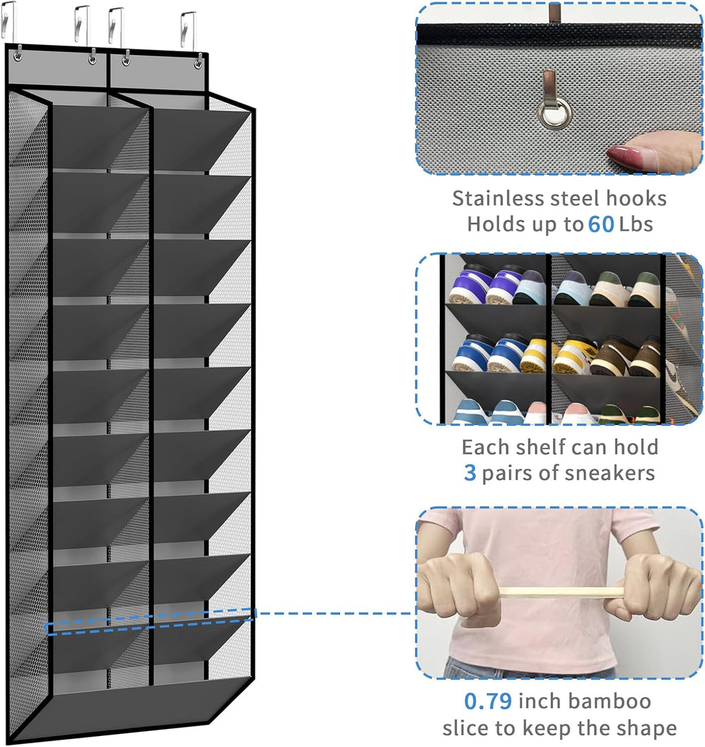 KEEPJOY 20-30 Pairs Grey Over the Door Shoe Organizer, Mesh Hanging Shoe Rack for Door Storage with 20 Wide Deep Pockets,10-Tier Door Shoe Holder Fits Sneakers, Boots.