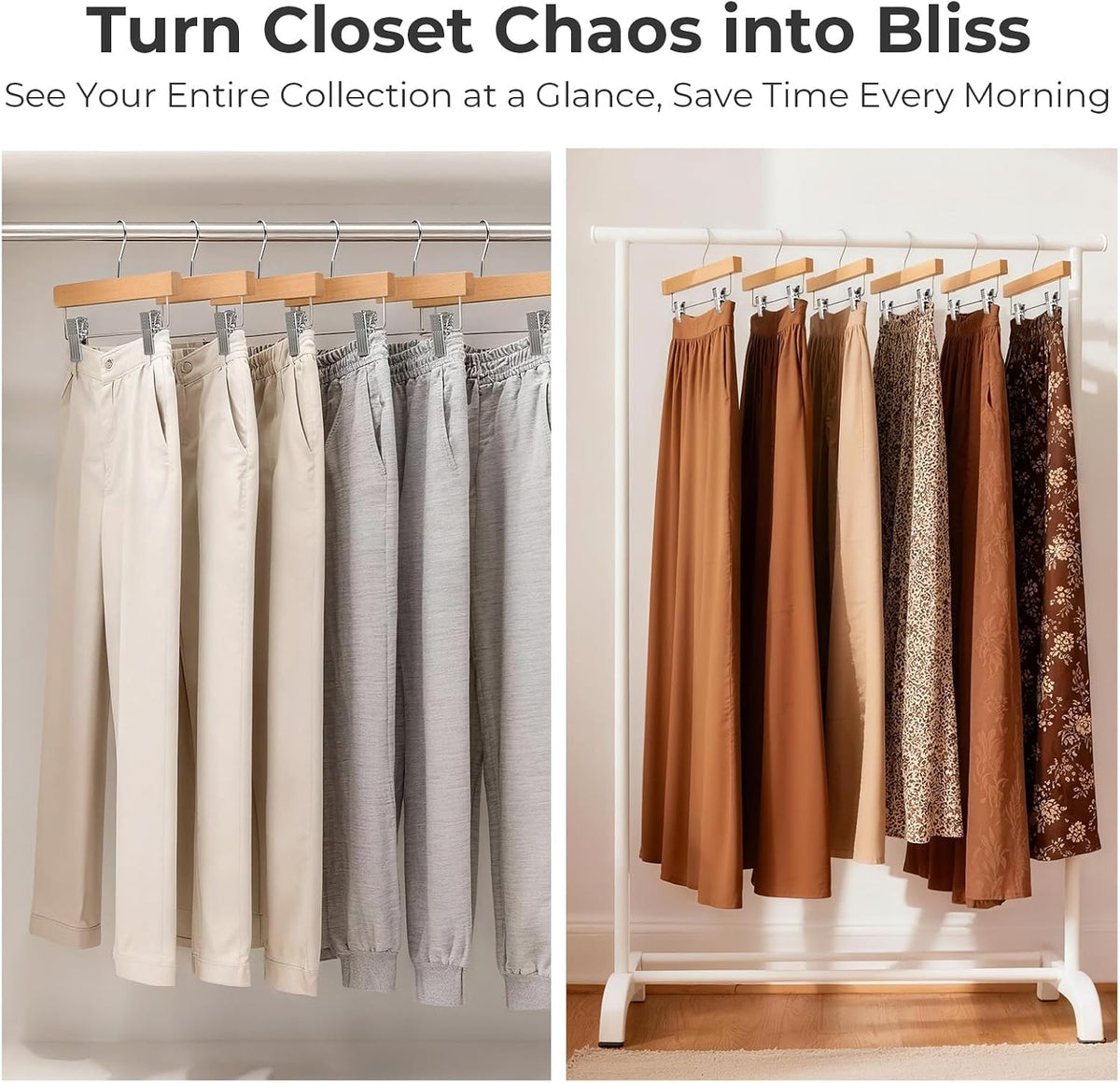 HOUSE DAY Wooden Pants Hangers with Clips, 25 Pack Skirt Hangers, Natural