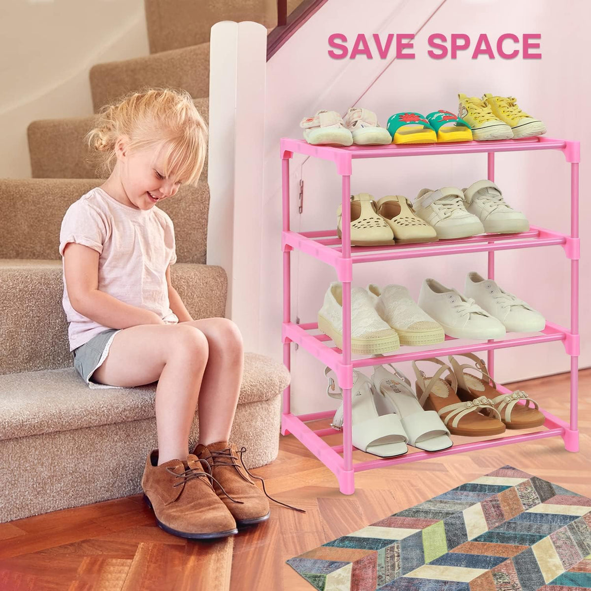 HITHIM 4-Tier Free Standing Pink Shoe Racks, Lightweight Stackable Shelf