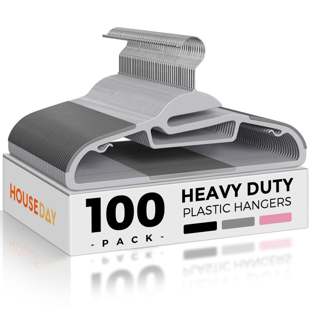 HOUSE DAY Grey Plastic Hangers 50 Pack, Slim Space Saving, Non Slip Hangers with Rubber Pads, Sturdy Heavy Duty Coat Hanger for Closet, S-Shaped Clothes Hanger for Shirt, Suit, Pant, Skirt