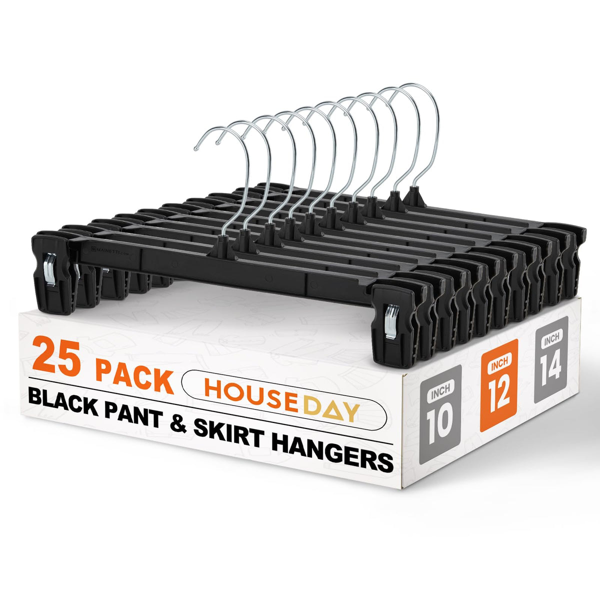 HOUSE DAY Black Pants Hangers with Clips 50 Pack, 12 Inch Skirt Hangers