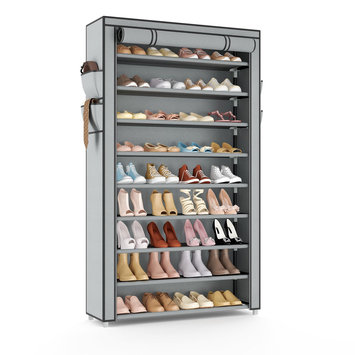 VILICK Shoe Rack with Cover Narrow Shoe Organizer with 4 Side Pockets 10 Tier Tall Shoe Storage Holds 18-22 Pairs Shoes and Boots Shoe Rack for Closet Entryway Garage