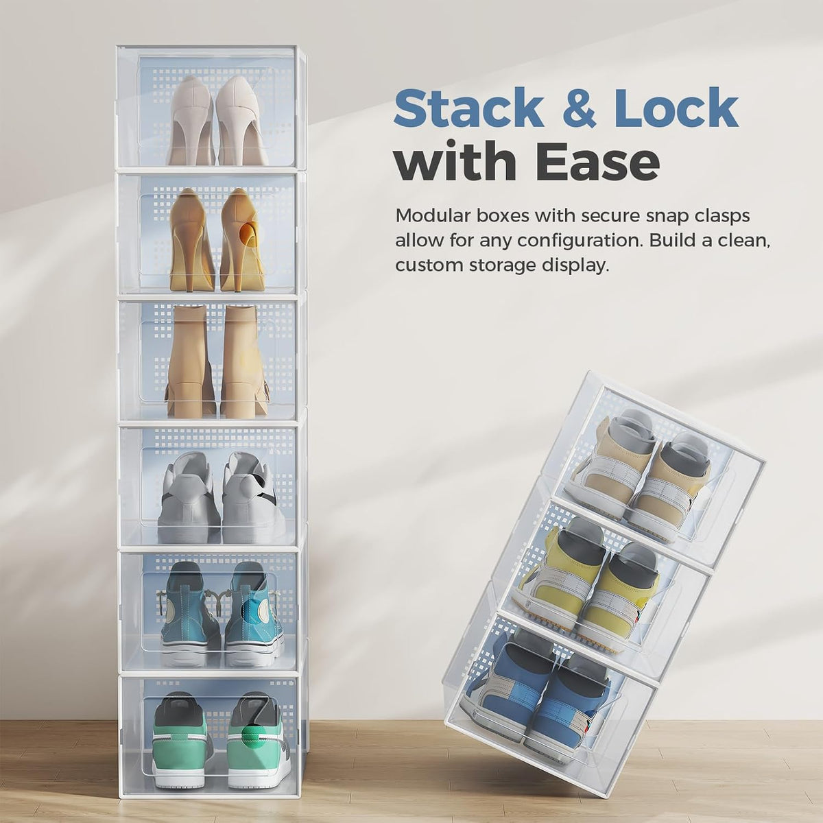 DUMOS Shoe Storage Boxes, 12-Pack Stackable Clear Shoe Containers with Lids, Display Sneaker Case Organizer for Closet, Under Bed, Entryway,White, Fit Size 11