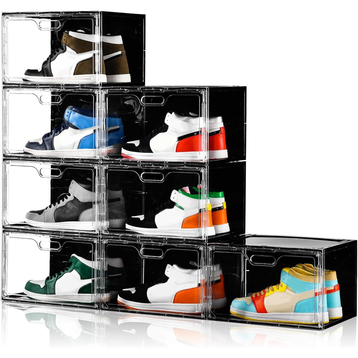 Amllas 8 Pack Shoe Boxes Clear Plastic Stackable, Large Shoe Storage Organizer with Lids,Drop Side Shoe Containers for Entryway,Sneaker Storage Fit up to US Size 13 (13’’x 10.6”x 8.3”)