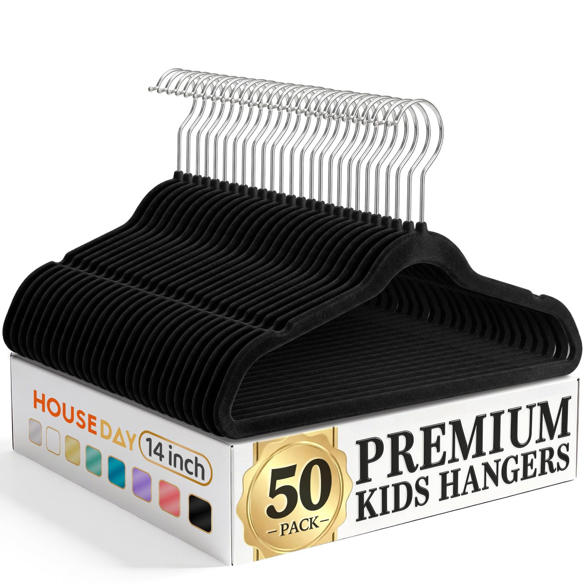 HOUSE DAY 14 Inch Kids Velvet Hangers 50 Pack, Durable Big Kid Hanger Black