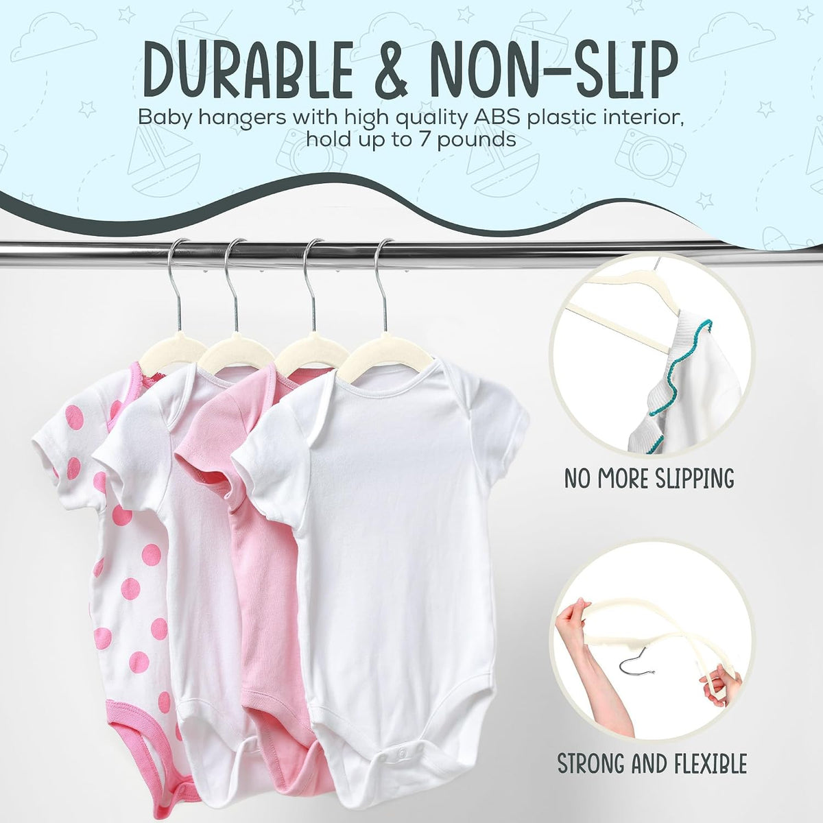 TechZoo 50 Premium Baby Velvet Hangers - 11.8" Non-Slip, Ultra-Slim Space-Saving Children Closet Hangers - 360° Swivel Hook, Strong & Durable Infant & Toddler Clothes Hangers for Wardrobe - Ivory
