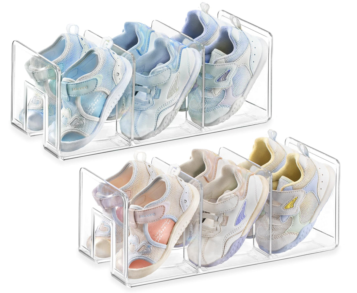 HBlife Clear Acrylic Kids Shoe Rack for Closet Organizers and Storage, Small Shoe Rack 4 Sections Toddler Baby Shoe Storage Organizer Stackable Shoe Shelf,Desk File Sorter Book Purse Organizer(2 Pack)