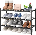 viewcare 3-Tier Black Bamboo Shoe Rack for Entryway, Stackable | Foldable | Natural, Shoe Shelf Storage Organizer for Hallway Closet, Free Standing Shoe Racks for Indoor Outdoor