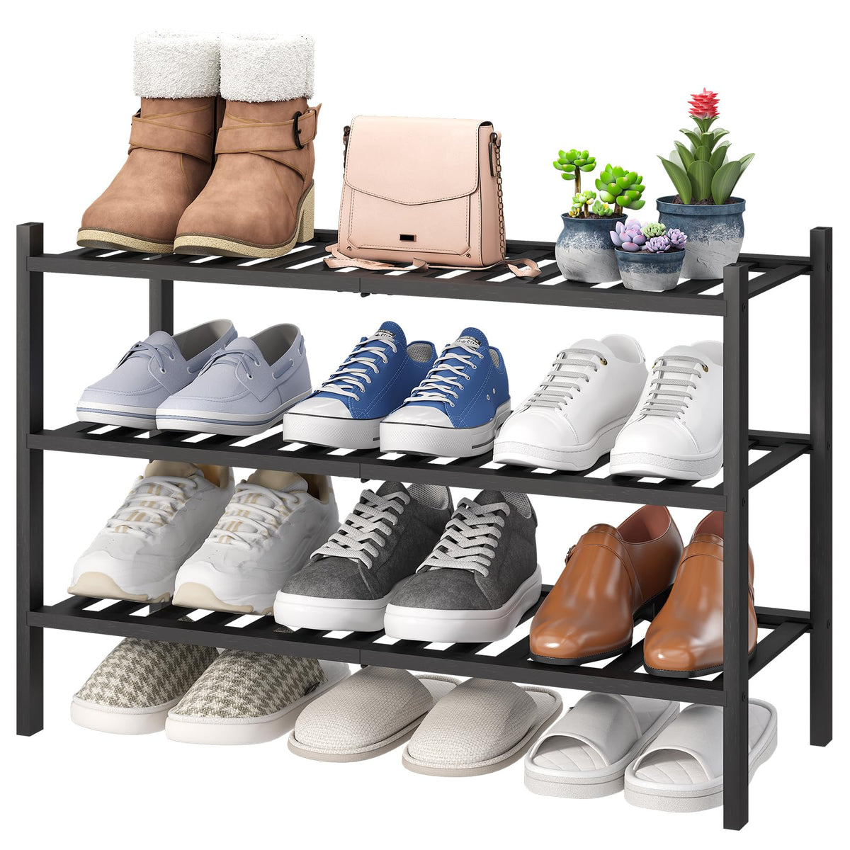 viewcare 3-Tier Black Bamboo Shoe Rack for Entryway, Stackable | Foldable | Natural, Shoe Shelf Storage Organizer for Hallway Closet, Free Standing Shoe Racks for Indoor Outdoor
