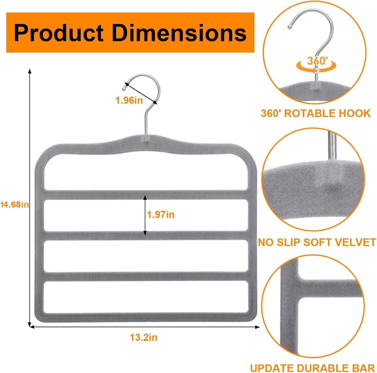 Velvet Pants Hangers Space Saving, 2-Pack Multi-Tier Closet Organizers,Grey